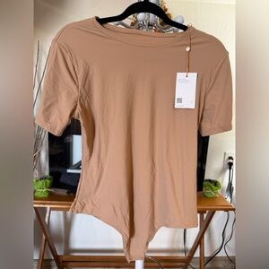 Quince Nude Stretch Bodysuit XL Short Sleeve Crewneck Minimalist Capsule